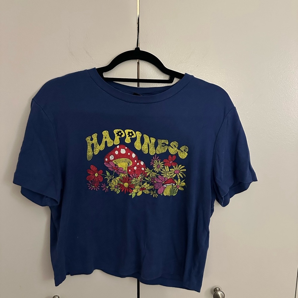 Happiness Floral Mushroom Graphic Crop Top in Navy Blue
